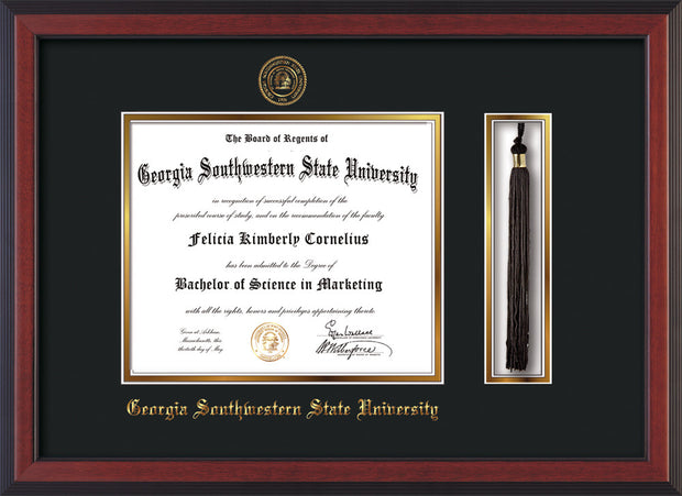 Image of Georgia Southwestern State Univerity Diploma Frame - Cherry Reverse - w/Embossed Seal & Name - Tassel Holder - Black on Gold mat