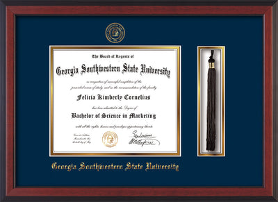 Image of Georgia Southwestern State Univerity Diploma Frame - Cherry Reverse - w/Embossed Seal & Name - Tassel Holder - Navy on Gold mat