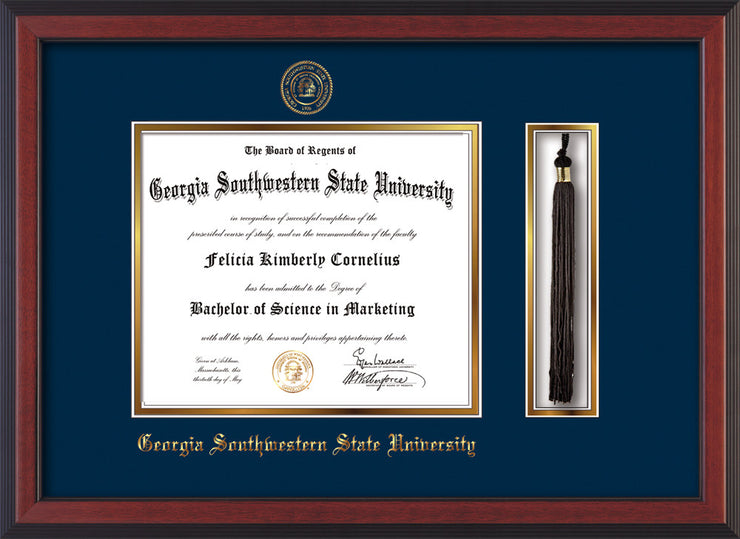 Image of Georgia Southwestern State Univerity Diploma Frame - Cherry Reverse - w/Embossed Seal & Name - Tassel Holder - Navy on Gold mat