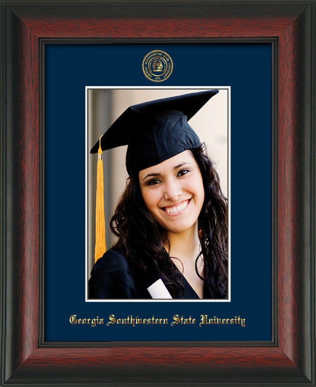 Image of Georgia Southwestern State University 5 x 7 Photo Frame - Rosewood - w/Official Embossing of GSW Seal & Name - Single Navy mat