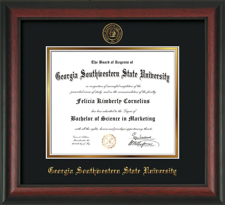 Image of Georgia Southwestern State Univerity Diploma Frame - Rosewood - w/Embossed Seal & Name - Black on Gold mat