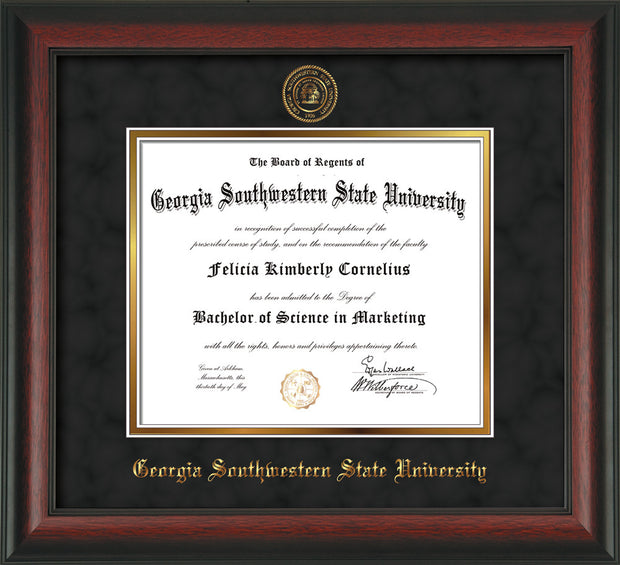 Image of Georgia Southwestern State Univerity Diploma Frame - Rosewood - w/Embossed Seal & Name - Black Suede on Gold mat