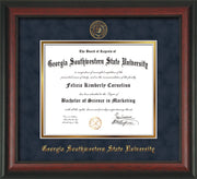 Image of Georgia Southwestern State Univerity Diploma Frame - Rosewood - w/Embossed Seal & Name - Navy Suede on Gold mat