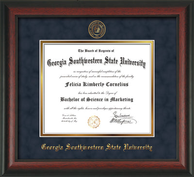 Image of Georgia Southwestern State Univerity Diploma Frame - Rosewood - w/Embossed Seal & Name - Navy Suede on Gold mat
