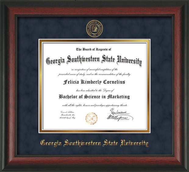 Image of Georgia Southwestern State Univerity Diploma Frame - Rosewood - w/Embossed Seal & Name - Navy Suede on Gold mat