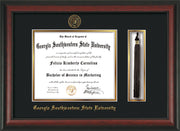 Image of Georgia Southwestern State Univerity Diploma Frame - Rosewood - w/Embossed Seal & Name - Tassel Holder - Black on Gold mat