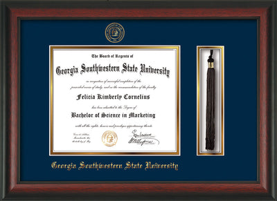 Image of Georgia Southwestern State Univerity Diploma Frame - Rosewood - w/Embossed Seal & Name - Tassel Holder - Navy on Gold mat