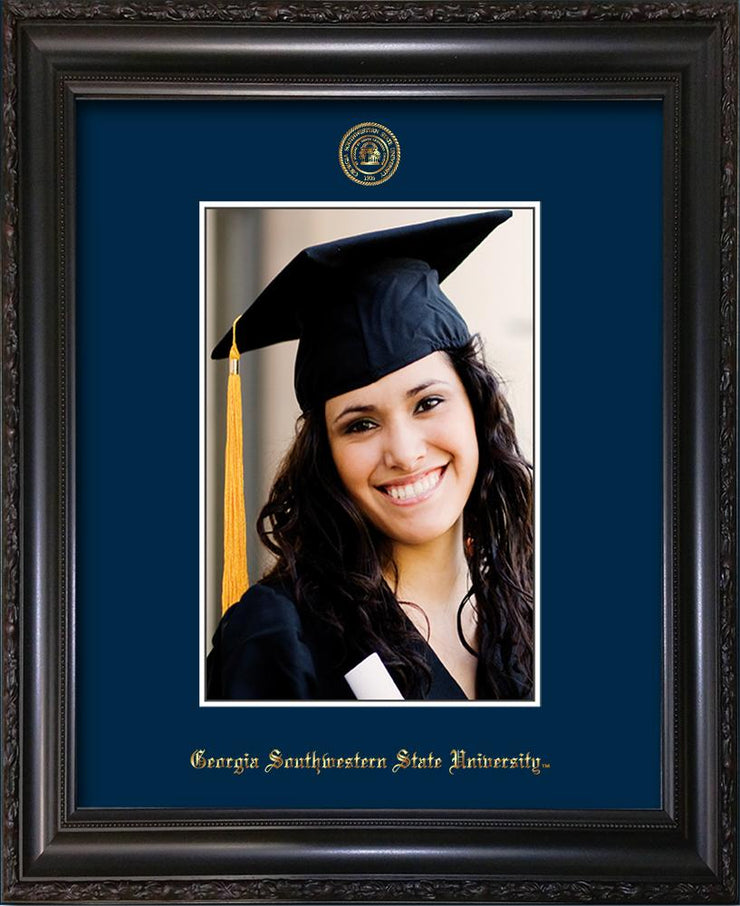 Image of Georgia Southwestern State University 5 x 7 Photo Frame - Vintage Black Scoop - w/Official Embossing of GSW Seal & Name - Single Navy mat