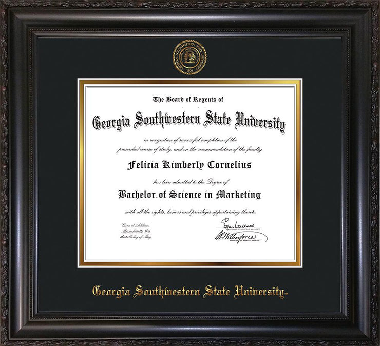 Image of Georgia Southwestern State University Diploma Frame - Vintage Black Scoop - w/Embossed Seal & Name - Black on Gold mat