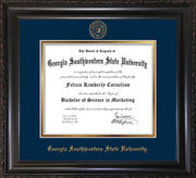 Image of Georgia Southwestern State University Diploma Frame - Vintage Black Scoop - w/Embossed Seal & Name - Navy on Gold mat