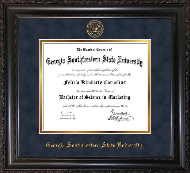 Image of Georgia Southwestern State University Diploma Frame - Vintage Black Scoop - w/Embossed Seal & Name - Navy Suede on Gold mat