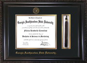 Image of Georgia Southwestern State University Diploma Frame - Vintage Black Scoop - w/Embossed Seal & Name - Tassel Holder - Black on Gold mat