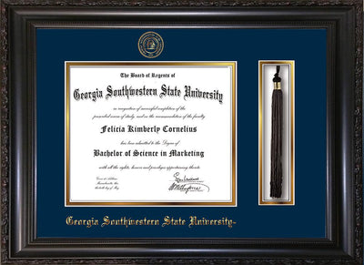 Image of Georgia Southwestern State University Diploma Frame - Vintage Black Scoop - w/Embossed Seal & Name - Tassel Holder - Navy on Gold mat
