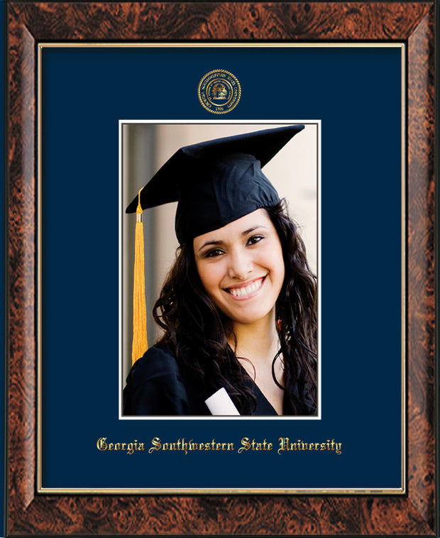 Image of Georgia Southwestern State University 5 x 7 Photo Frame - Walnut - w/Official Embossing of GSW Seal & Name - Single Navy mat