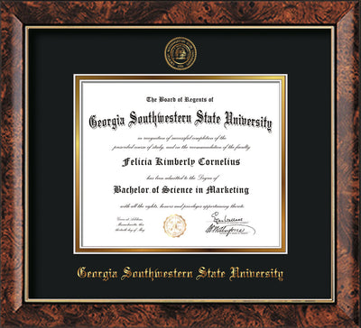 Image of Georgia Southwestern State Univerity Diploma Frame - Walnut - w/Embossed Seal & Name - Black on Gold mat