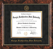 Image of Georgia Southwestern State Univerity Diploma Frame - Walnut - w/Embossed Seal & Name - Black Suede on Gold mat