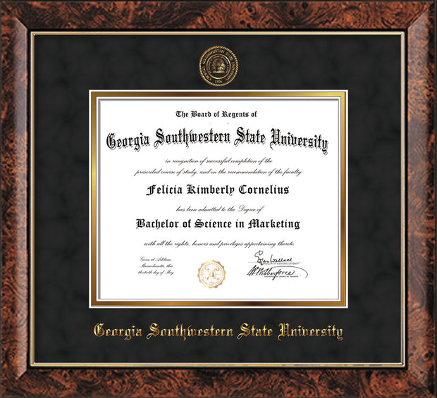 Image of Georgia Southwestern State Univerity Diploma Frame - Walnut - w/Embossed Seal & Name - Black Suede on Gold mat