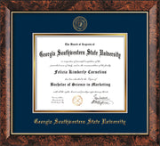 Image of Georgia Southwestern State Univerity Diploma Frame - Walnut - w/Embossed Seal & Name - Navy on Gold mat