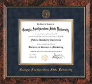 Image of Georgia Southwestern State Univerity Diploma Frame - Walnut - w/Embossed Seal & Name - Navy Suede on Gold mat