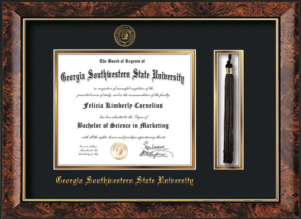 Image of Georgia Southwestern State Univerity Diploma Frame - Walnut - w/Embossed Seal & Name - Tassel Holder - Black on Gold mat