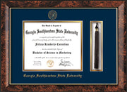 Image of Georgia Southwestern State Univerity Diploma Frame - Walnut - w/Embossed Seal & Name - Tassel Holder - Navy on Gold mat