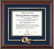 Image of Georgia Tech Diploma Frame - Cherry Lacquer - w/3-D Laser GT Logo Cutout - Navy on Gold mat