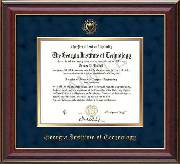 Image of Georgia Tech Diploma Frame - Cherry Lacquer - w/Embossed Seal & Name - Navy Suede on Gold mat