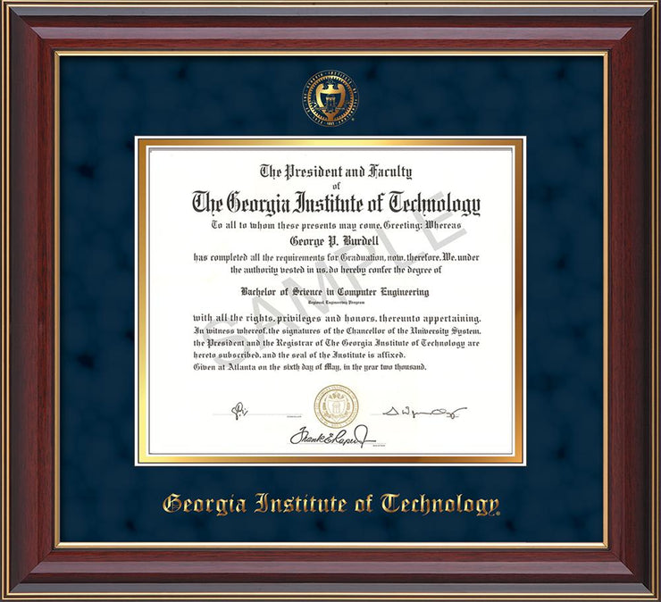 Image of Georgia Tech Diploma Frame - Cherry Lacquer - w/Embossed Seal & Name - Navy Suede on Gold mat