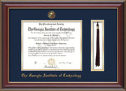 Image of Georgia Tech Diploma Frame - Cherry Lacquer - w/Embossed Seal & Name - Tassel Holder - Navy on Gold Mat