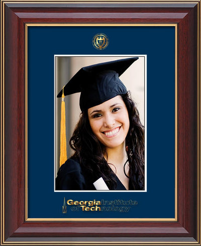 Image of Georgia Tech 5 x 7 Photo Frame - Cherry Lacquer - w/Official Embossing of GT Seal & Wordmark - Single Navy mat