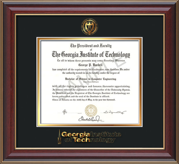 Image of Georgia Tech Diploma Frame - Cherry Lacquer - w/Embossed Seal & Wordmark - Black on Gold Mat