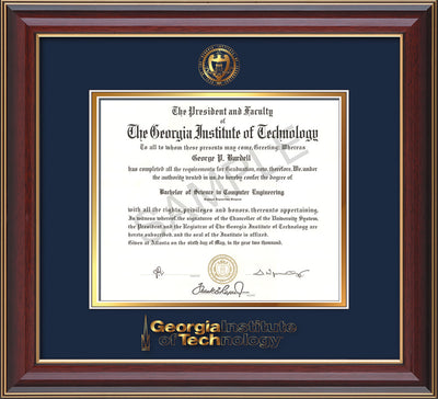 Image of Georgia Tech Diploma Frame - Cherry Lacquer - w/Embossed Seal & Wordmark - Navy on Gold Mat