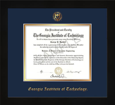 Image of Georgia Tech Diploma Frame - Flat Matte Black - w/Embossed Seal & Name - Navy on Gold mat