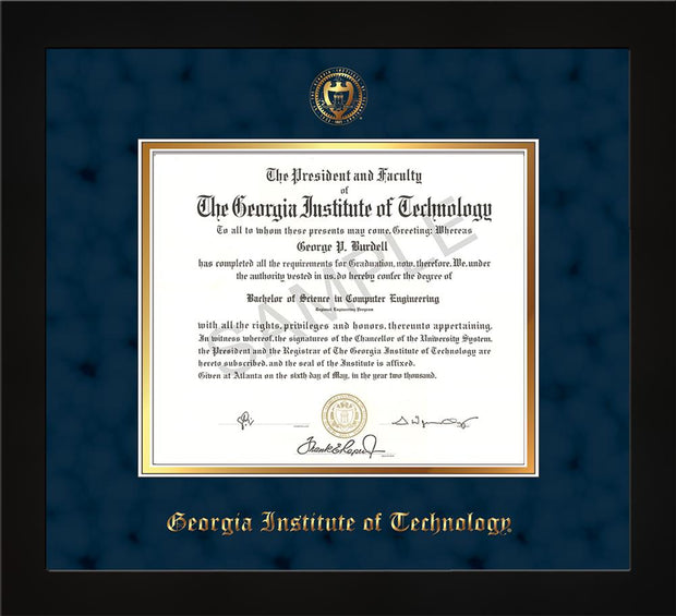 Image of Georgia Tech Diploma Frame - Flat Matte Black - w/Embossed Seal & Name - Navy Suede on Gold mat