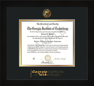 Image of Georgia Tech Diploma Frame - Flat Matte Black - w/Embossed Seal & Wordmark - Black on Gold Mat