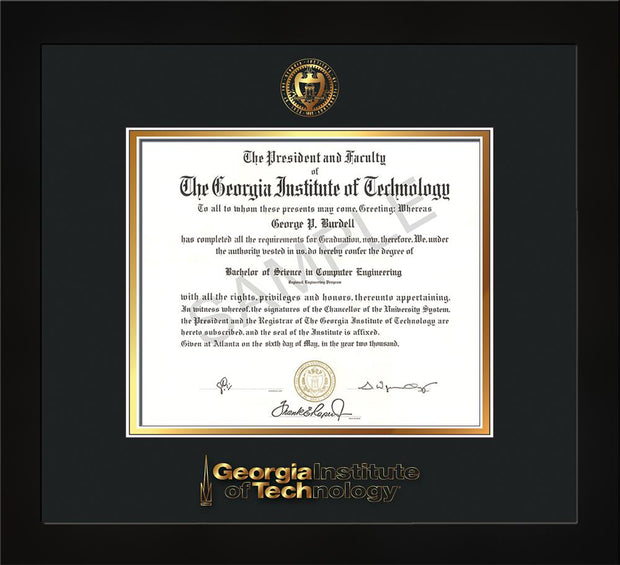 Image of Georgia Tech Diploma Frame - Flat Matte Black - w/Embossed Seal & Wordmark - Black on Gold Mat