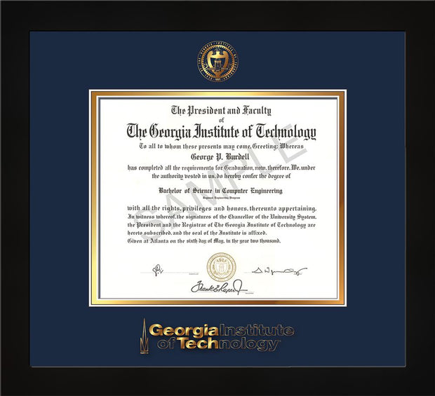 Image of Georgia Tech Diploma Frame - Flat Matte Black - w/Embossed Seal & Wordmark - Navy on Gold Mat