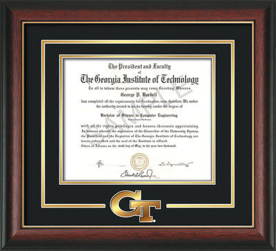 Image of Georgia Tech Diploma Frame - Rosewood w/Gold Lip - w/3-D Laser GT Logo Cutout - Black on Gold mat