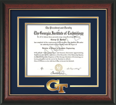 Image of Georgia Tech Diploma Frame - Rosewood w/Gold Lip - w/3-D Laser GT Logo Cutout - Navy on Gold mat