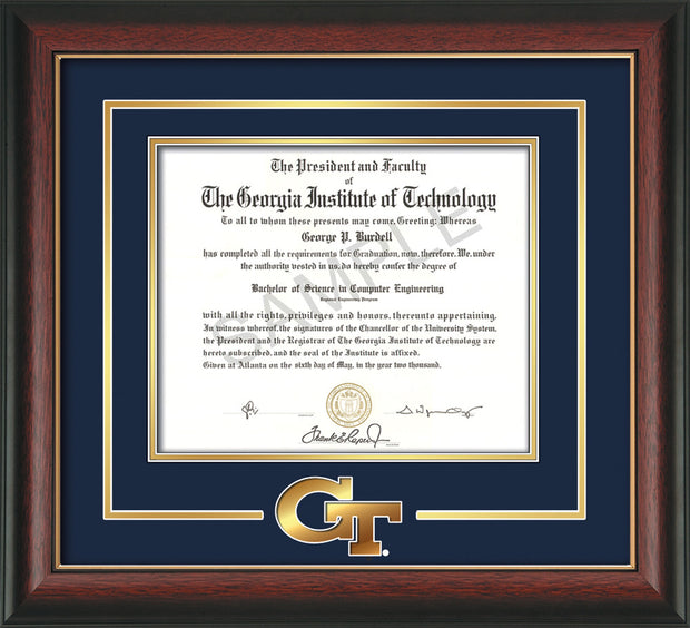 Image of Georgia Tech Diploma Frame - Rosewood w/Gold Lip - w/3-D Laser GT Logo Cutout - Navy on Gold mat