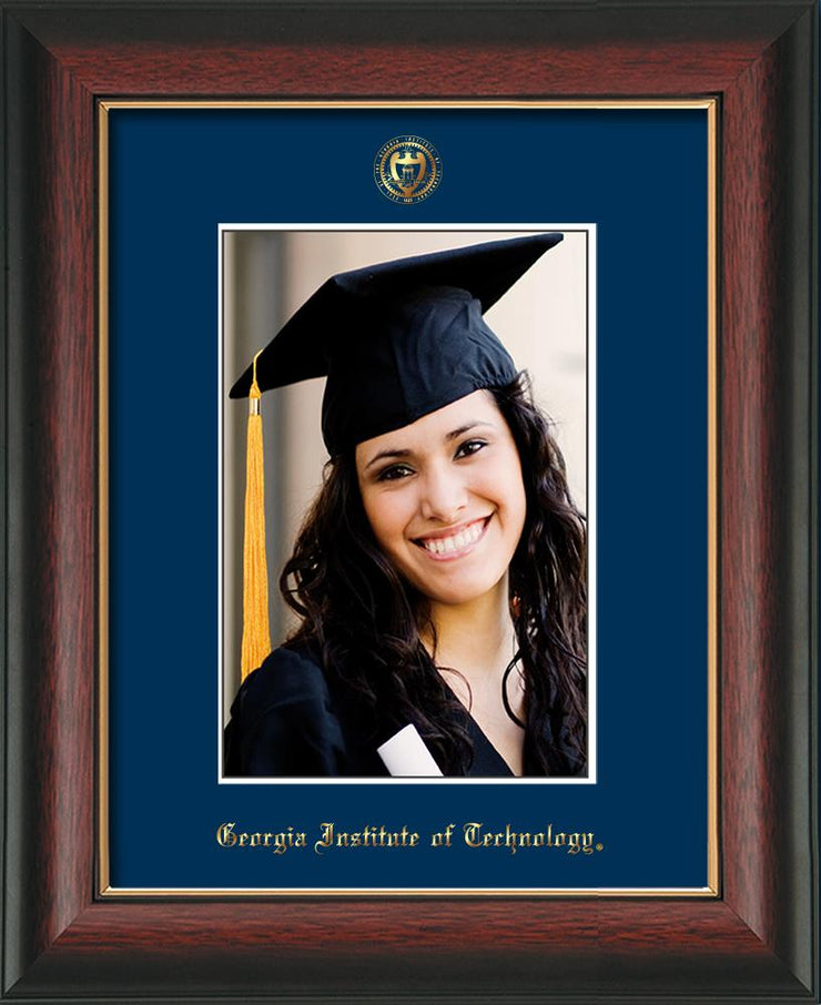 Image of Georgia Tech 5 x 7 Photo Frame - Rosewood w/Gold Lip - w/Official Embossing of GT Seal & Name - Single Navy mat