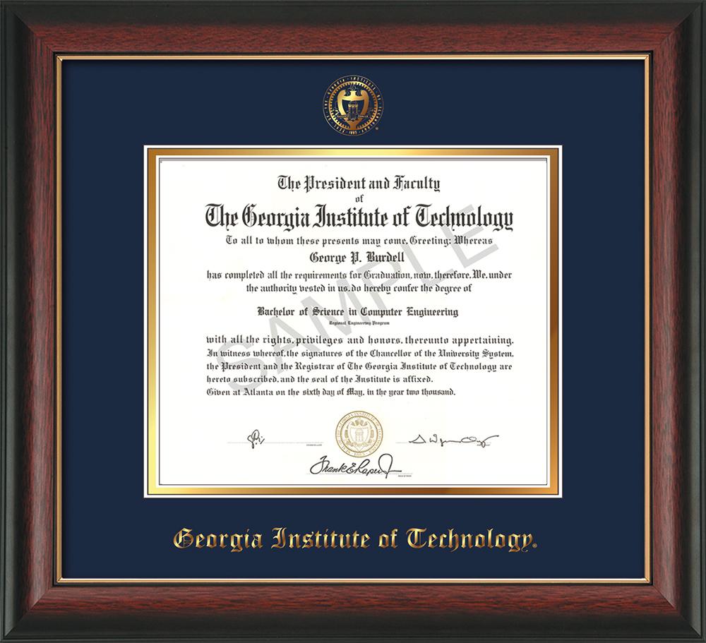 Georgia Tech Diploma Frame - Rosewood w/GL -Seal - Navy on Gold