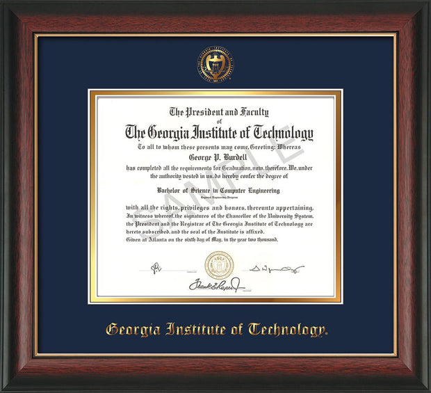 Image of Georgia Tech Diploma Frame - Rosewood w/Gold Lip - w/Embossed Seal & Name - Navy on Gold mat