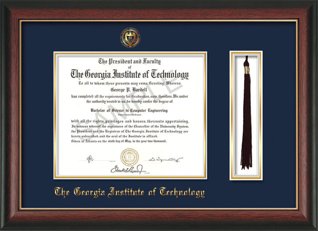 Image of Georgia Tech Diploma Frame - Rosewood w/Gold Lip - w/Embossed Seal & Name - Tassel Holder - Navy on Gold Mat