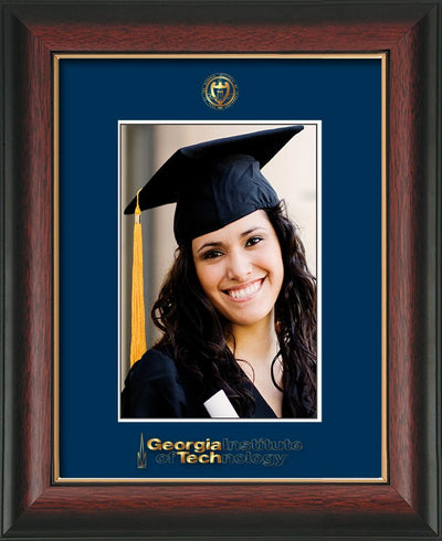 Image of Georgia Tech 5 x 7 Photo Frame - Rosewood w/Gold Lip - w/Official Embossing of GT Seal & Wordmark - Single Navy mat