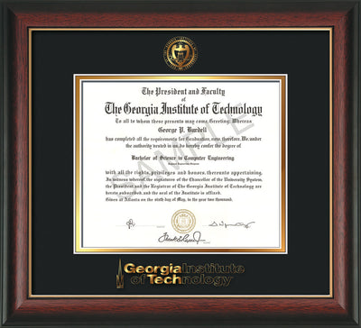 Image of Georgia Tech Diploma Frame - Rosewood w/Gold Lip - w/Embossed Seal & Wordmark - Black on Gold Mat