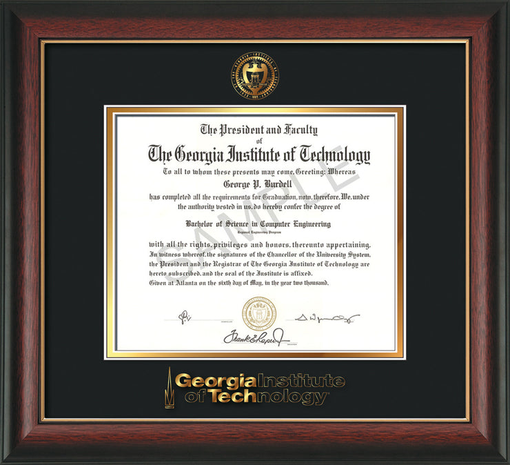 Image of Georgia Tech Diploma Frame - Rosewood w/Gold Lip - w/Embossed Seal & Wordmark - Black on Gold Mat