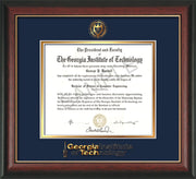 Image of Georgia Tech Diploma Frame - Rosewood w/Gold Lip - w/Embossed Seal & Wordmark - Navy on Gold Mat