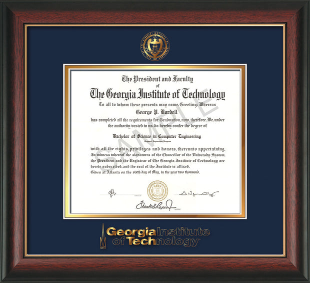 Image of Georgia Tech Diploma Frame - Rosewood w/Gold Lip - w/Embossed Seal & Wordmark - Navy on Gold Mat