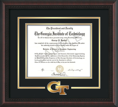 Image of Georgia Tech Diploma Frame - Mahogany Braid- w/3-D Laser GT Logo Cutout - Black on Gold mat